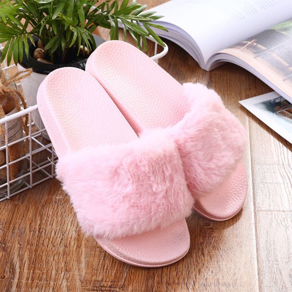 

woman shoes plush slippers for ladies pearl rhinestone faux fur slides soft leisure summer home flip flops female flats footwear mx200425, Black
