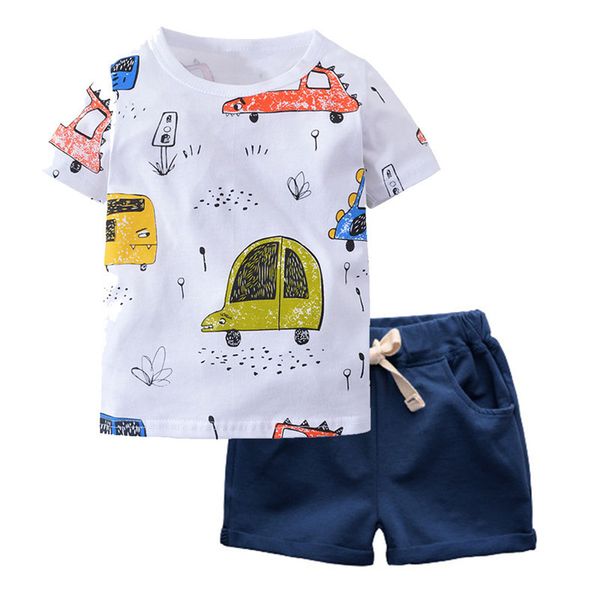 

biniduckling summer baby boys clothes cotton short sleeve white cartoon car print t-shirt 2pcs for kids children boy clothes t200607