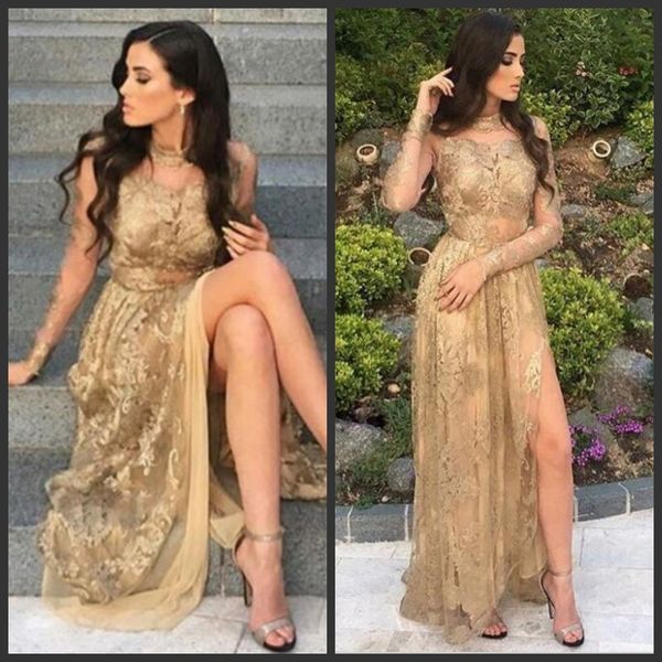 

lace prom dresses illusion long sleeves side split lace appliques tulle custom made formal evening dresses floor length party gowns, Black