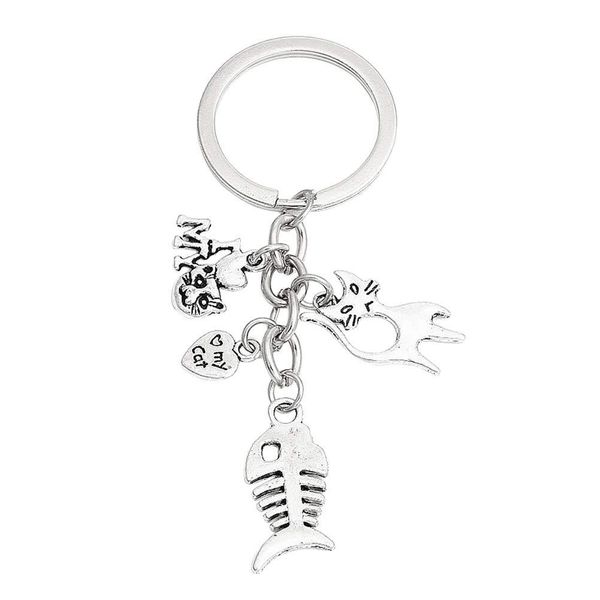

pet animal keychain ancient silver cat fish bone love my cat charm pendant creative designer keyring women men jewelry friend gift, Slivery;golden