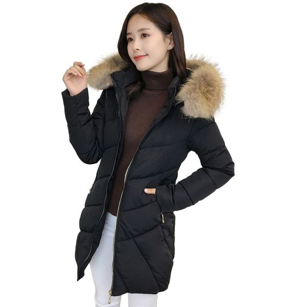 

winter parkas women winter nice female coat long hooded fur overcoat casual warm packet zippers slim jacket lady cazadora, Black