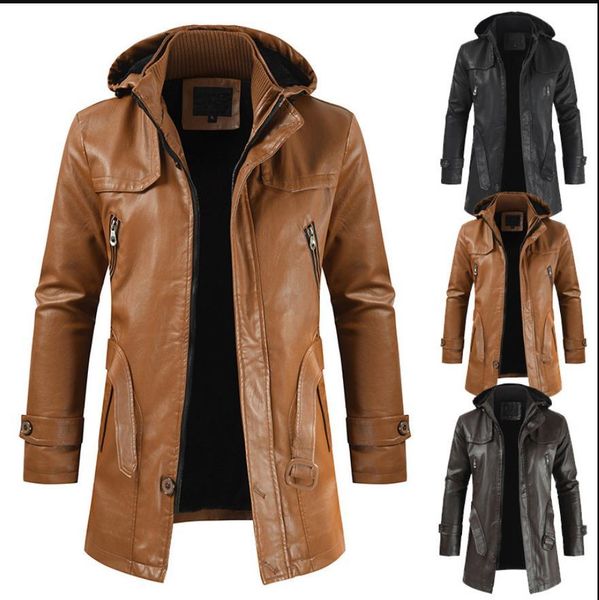 

men hooded pu leather jacket belt design new men's casual fashion pu leather hooded slim young men's motorcycle leather jacket dl3, Black