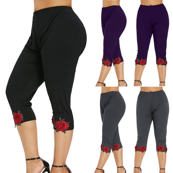 

jaycosin 2019 running pants women rose applique embroide high waist push up legging fitness athletic flexible training pants 40#, Black