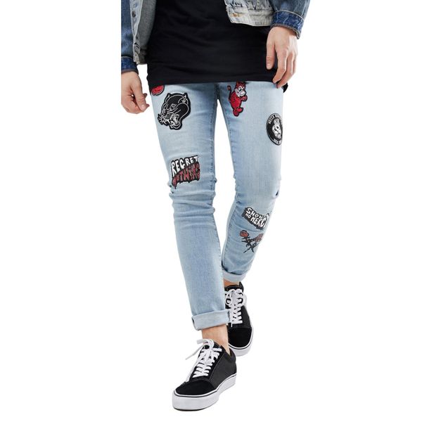 

men's skinny embroidery fashion casual hip hop pencil printed jeans v1207-001, Blue