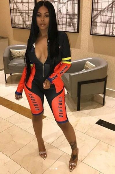 

women long sleeve splicing vintage letter print zipper up knee length bodycon jumpsuit moto biker romper playsuit dls6226, Black;white