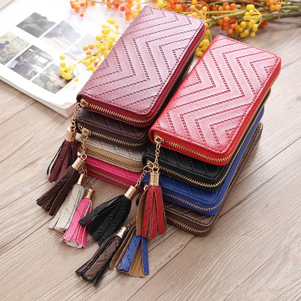 

women tassel long clutch wallets pu leather zipper purses interior card slot pocket coin pouches handphone organizer wallet, Red;black