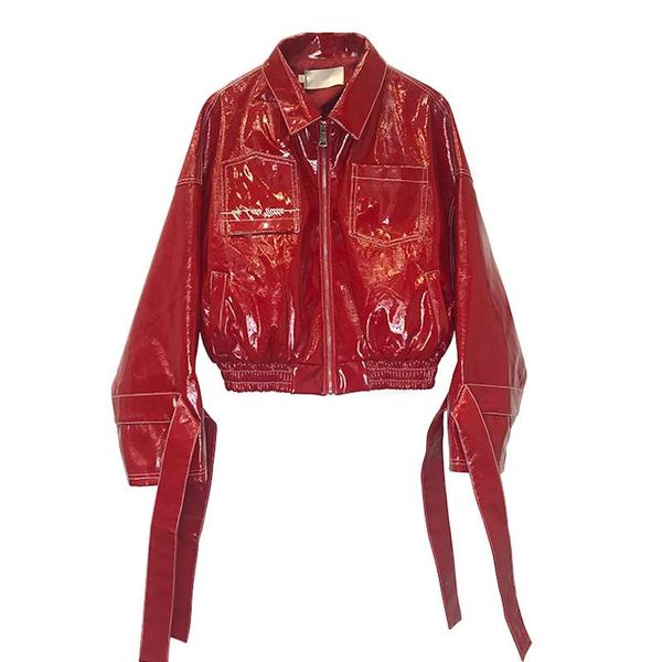 

zipper stitching glossy shiny pu jacket 2019 autumn new female motorcycle pu leather jacket short slim wq1151 dropship, Black