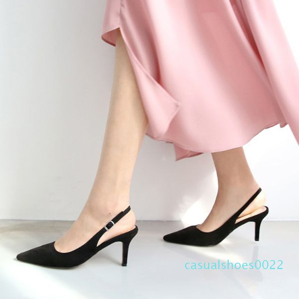 

women sandals high heels shoes women summer flock colorful thin heel female pumps point toe strap large size 2020 new c22, Black