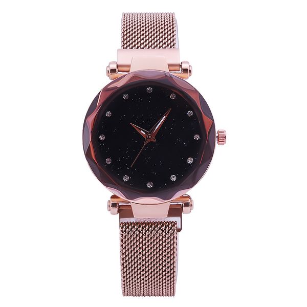 

mesh ladies clock magnet buckle starry diamond geometric surface casual dress quartz wristwatch women watches, Slivery;brown