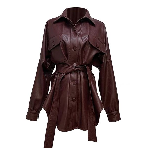 

2019 spring autumn new fashion handsome pu coat women motorcycle loose turn down collar jacket, Black;brown