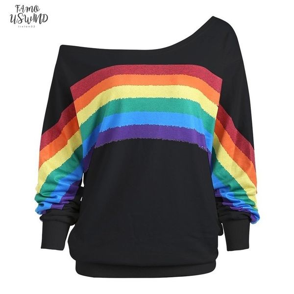 

women t shirt casual loose long sleeve rainbow print strapless shoulder pullover shirts sweatshirt tee shirt femme, White