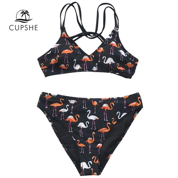 

cupshe flamingo print strappy bikini sets women back cross straps two pieces swimsuits 2019 girl bathing suits swimwear, White;black