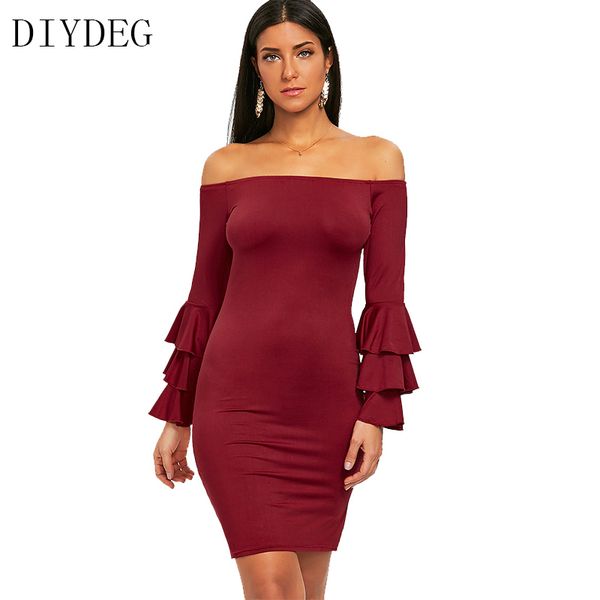 

diydeg 2018 autumn new fashion word collar ruffle sleeve ladies a line dress women bodycon female ing, Black;gray
