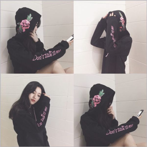 

autumn and winter wear new hooded sweater female embroidery pullover bf wind cap and velvet loose jacket student tide, Black