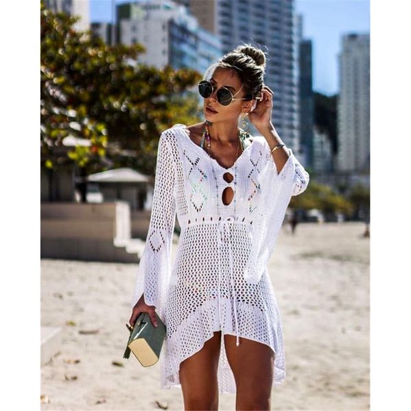 

womens designer summer beach smock trumpet sleeve fashion cutout knitting sun shirt ladys beach outer clothing breathable blouse wholesale, White;black