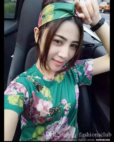 

2016 fashion women tshirt brand designer beads t shirts geranium & bees printing t-shirts slim t-shirts ing, White