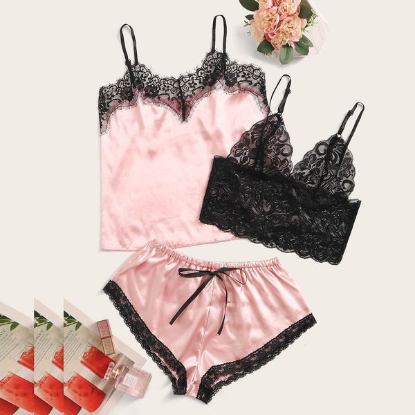 

3pc women sleepwear suit ladies satin lace bowknot silk camisole shorts set pajamas lingerie set nightwear pajamas pyjamas, Black;red