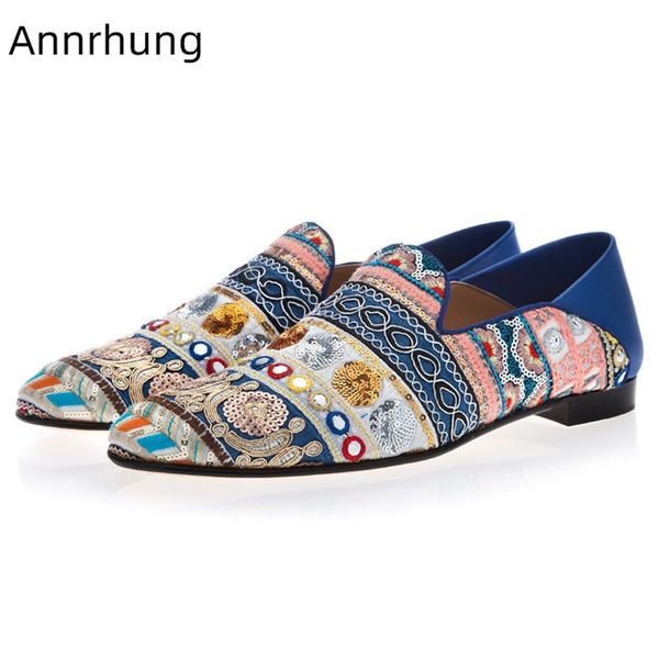 

mixed color party shoes man glitter embroidered casual flats cozy round toe slip on loafers leather patchwork men shoes, Black