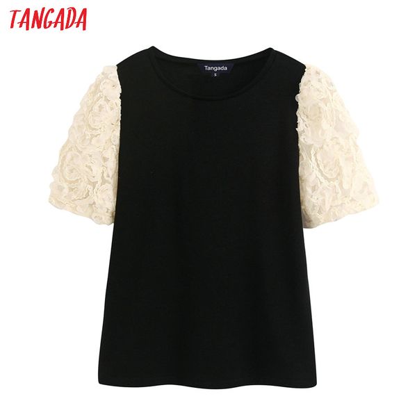 

tangada korea fashion chic women sweater 3d floral embroidery short sleeve vintage ladies knitted jumper be150, White;black