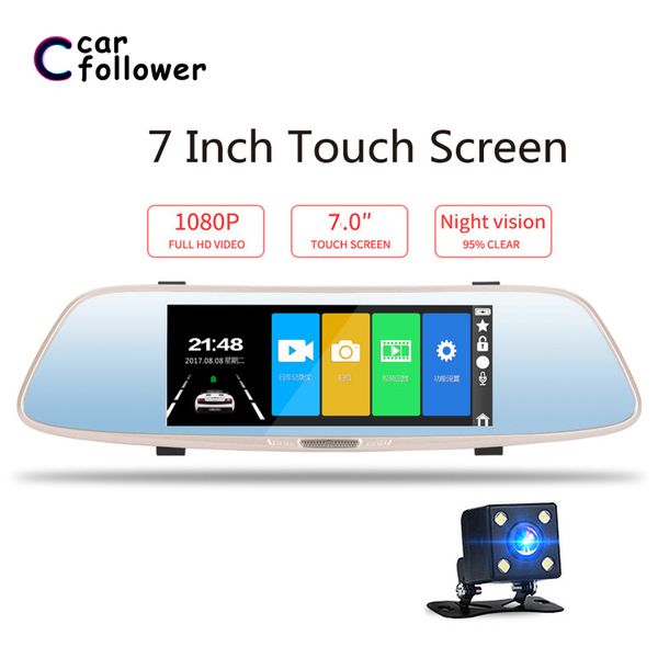 

car dvr full hd 1080p 7" dash cam rearview mirror touch screen dual lens driving video recorder auto night vision car camera