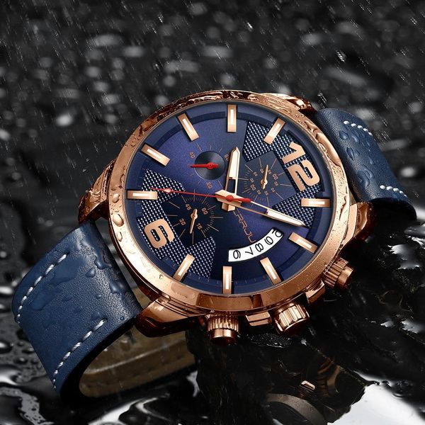 

crrju luxury multi-function chronograph men wristwatch fashion military sport waterproof leather male watch relogio masculino, Slivery;brown