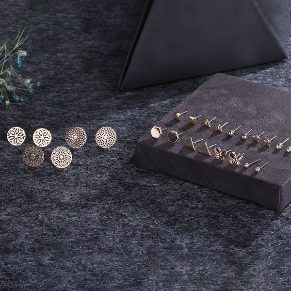 

wholesale 11pairs/set mixed styles rhinestone sun flower geometric animal plastic stud earrings set for women girls jewelry, Golden;silver