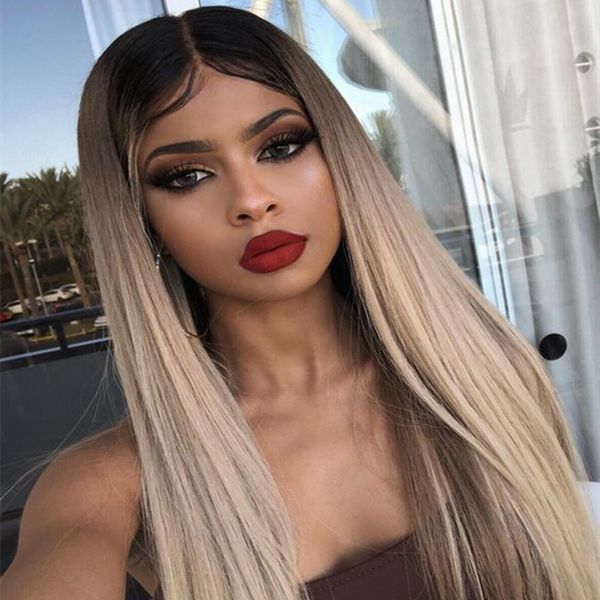 

brazilian human hair ombre 1b 18# ash blonde full lace human hair wigs with baby hair middle part pre-plucked hairline, Black;brown