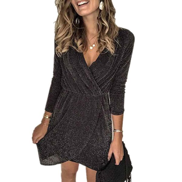 

european v-neck lady short dress full sleeve autumn dress shiny style high waist mini, Black;gray