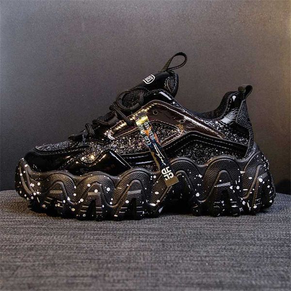 

women shoes dad chunky sneakers women luxury comfortable glossy thick sole ladies platform wave bottom trainers female running, Black