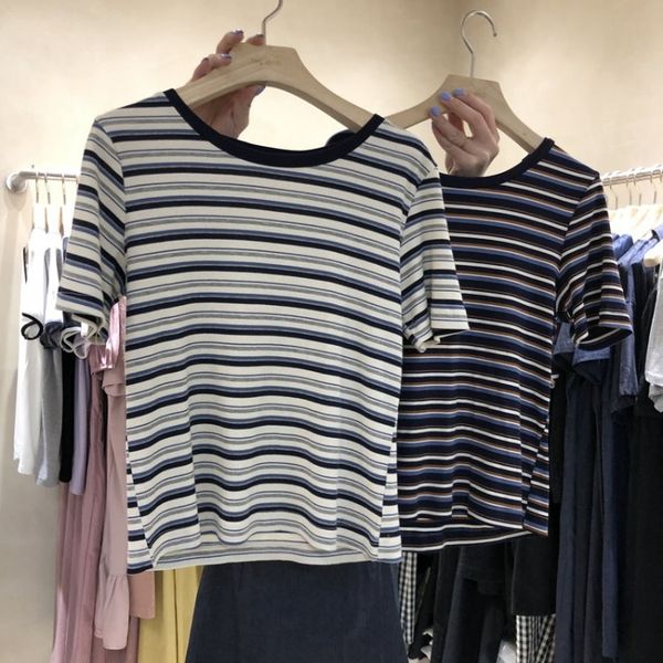 

2020 striped slim short-sleeved all-match round collar base female 2020 striped slim short-sleeved all-match round collar base femal, White