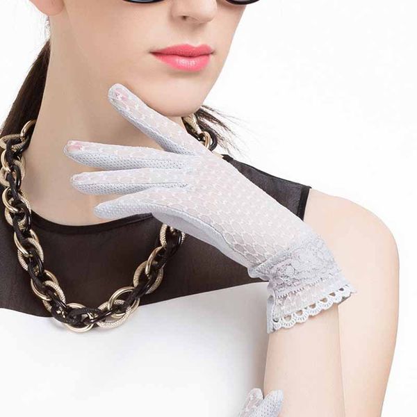 

summer lace sunscreen gloves uv protection grey white women driving slip-resistant quality cotton female anti sun driving gloves, Blue;gray