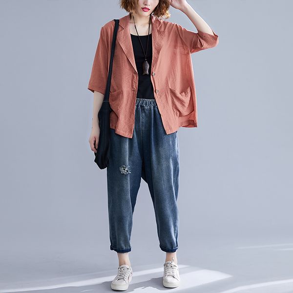 

plus size women korean vintage thin cotton linen blazer jacket 2019 summer korean solid color half sleeves ladies suit coat, White;black