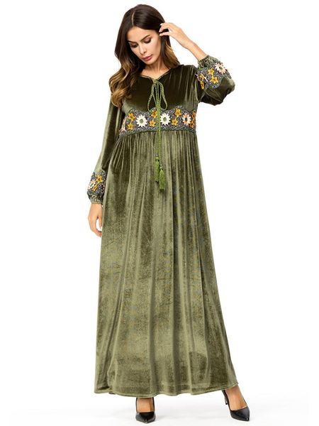 

elegant embroidery velvet floral swing tassels long robe gowns muslim kimono autumn winter ramadan islamic clothing, Black;gray