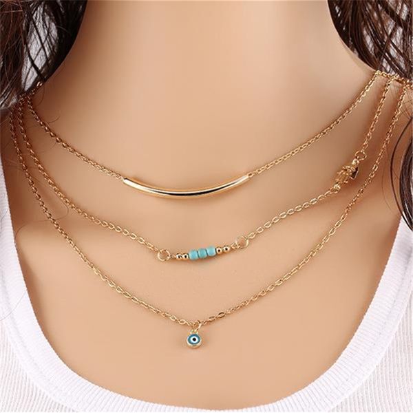 

2019 new arrivals fashion multilayer necklace bohemian blue eyes copper tube hand beaded chokers necklaces for women jewelry, Golden;silver