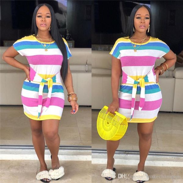 

rainbow printed designer womens dresses sashes lovely o neck cotton womens dresses short sleeve summer casual womens clothing new arrival, Black;gray