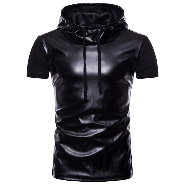 

2019 new summer hooded black leather t-shirt men short sleeve slim fit casual punk rock nightclub hip hop tee shirt homme m-2xl, White;black
