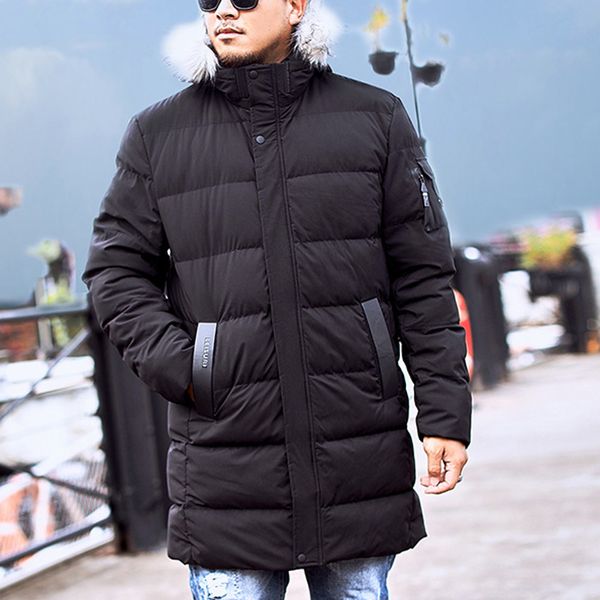 

tide fashion pockets winter coat jacket men medium length zipper plus size hooded pure color thickened cotton coat, Black