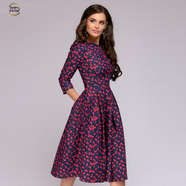 

classic floral printed women dress 2019 spring summer new vintage style vestidos 3 4 sleeve o neck casual a line dress, Black;gray