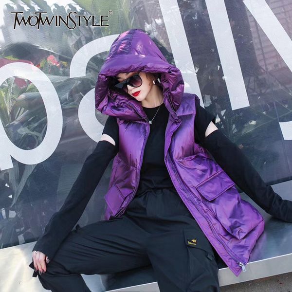 

twotwinstyle warm plus thick down vest women hooded sleeveless pockets plaid streetwear style vests female clothing 2019 fashion, Black;white