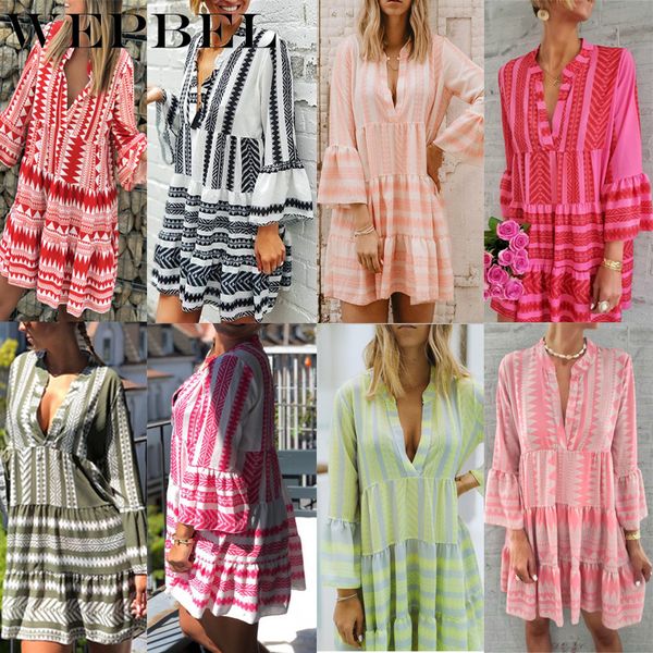 

wepbel summer v neck bohemain beach dresses women 3/4 sleeve party casual loose striped mini dress female dress, Black;gray