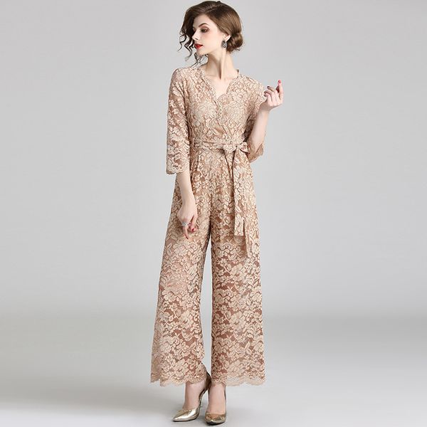 

lace stitching siamese pants khaki commuter jumpsuit 7 sleeve women's jumpsuit v-neck lace up women's pants, Black;white