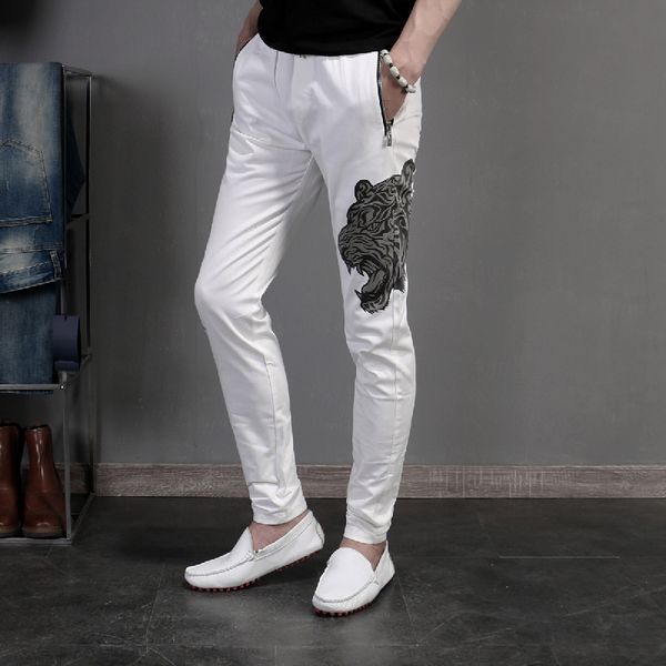 

men's white casual pants slim little feet personality tiger printed men's pants trend summer men thin white, Black