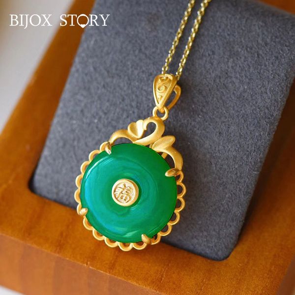 

bijox stor vintage 925 sterling silver necklace with round shaped green jade gold color pendant fine jewelry for female wedding