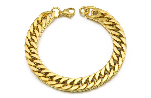 

позолоченные браслеты из нержавеющей стали снаряженная кубинская цепь мужская ювелирная мода, 8.7" длиной, 10 мм шириной, оптовая бесплатная, Golden;silver