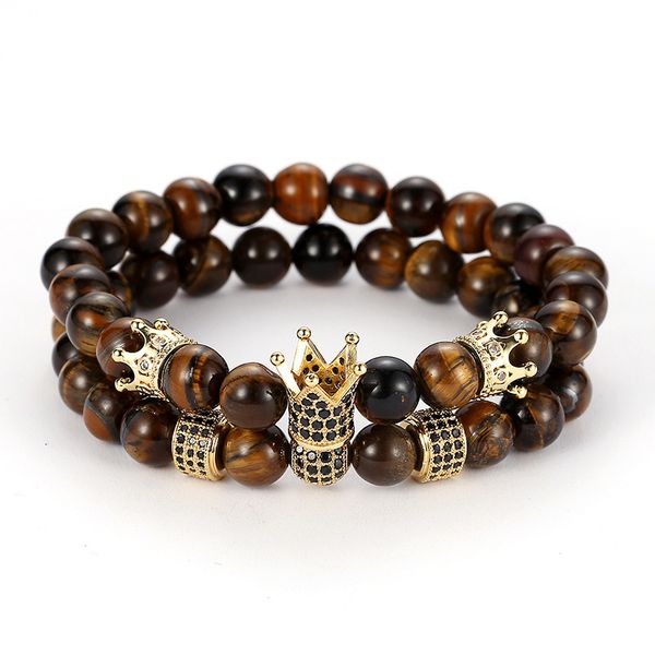 

2019 2pcs/set golden crown beaded bracelet brown natural stone beads bracelet braceletfor men women friend charm jewelry gifts, Black