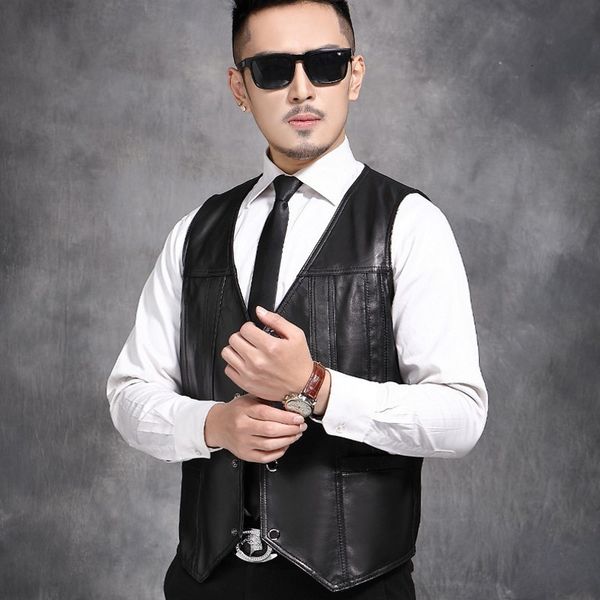 

business men casual outwear vest single breasted plus size office work slim sleeveless coat real leather waistcoat, Black