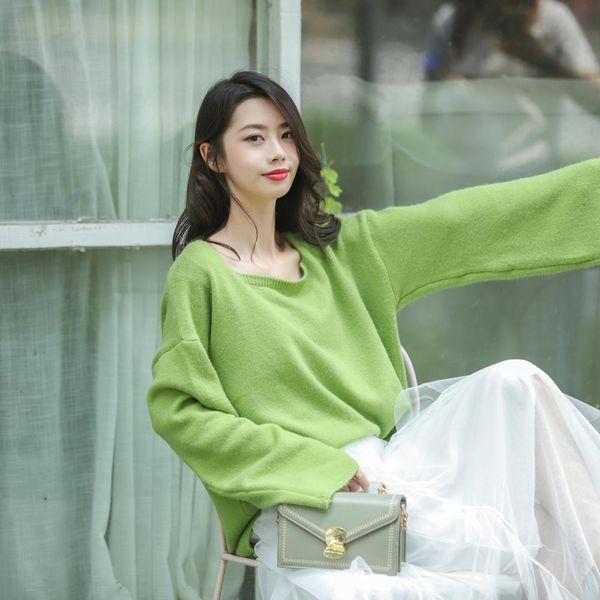 

vintage solid green orange purple white square neck long sleeve pullovers warm thermal knitted sweaters for women loose oversize, White;black