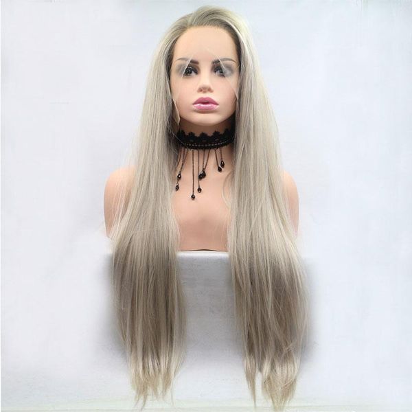 Dark Roots Ombre Platinum Straight Synthetic Lace Front Wig Heat