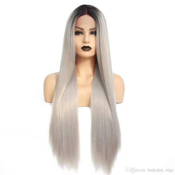 Ombre Grey Synthetic Lace Front Wig Natural Long Straight Silver