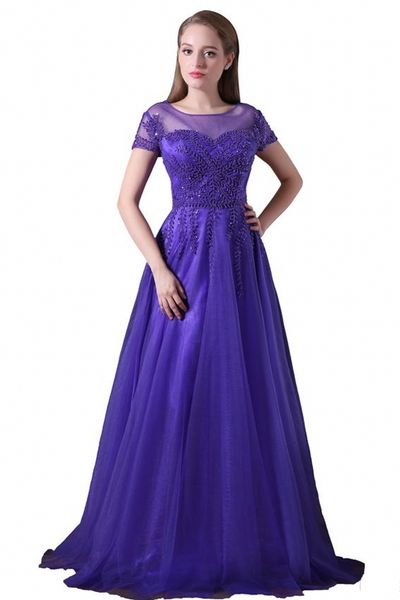 

elegant purple girls dress short sleeves with beading a line tulle long formal evening dresses for women prom gowns, Black;red